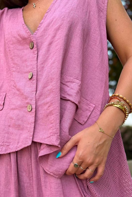 Sandbar Linen Blend 3 Button Dip Side Wasitcoat Indian Pink
